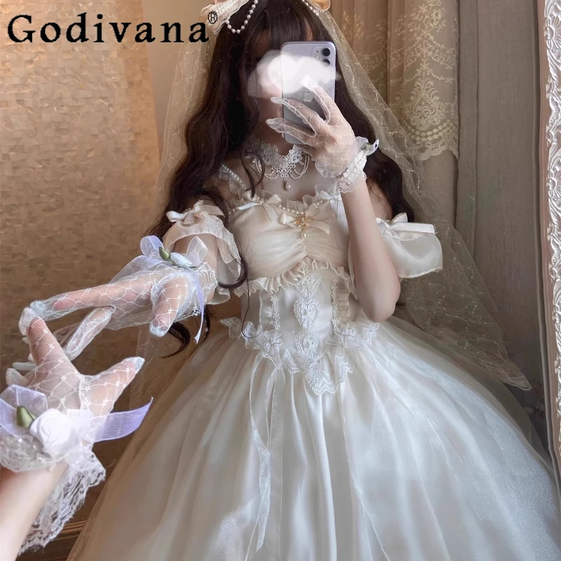 

Women Lolita Princess Wedding Dress with Large Hem Birthday Banquet Strap Dress with Bow and Train Girls Summer Marriage Dress