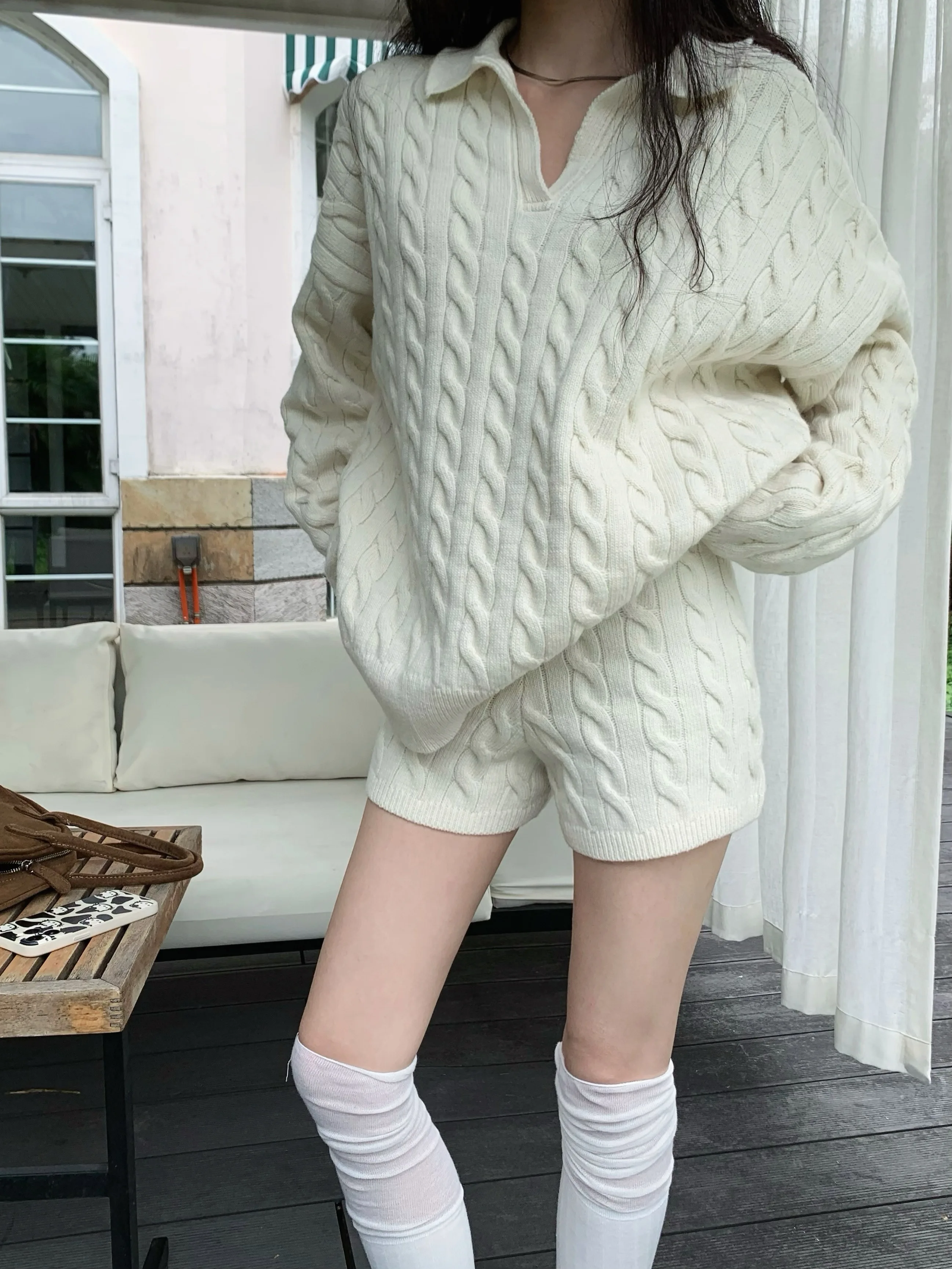 

Korean Fashion Women Knitted 2 Pieces Sets Lazy Style Beige Grey Black Two Pieces Knit Loose Sweater Top+Shorts Mini Pants Suits