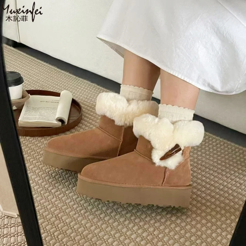 

Sheepskin and Wool Integrated Leather Pure Wool Cow Horn Buckle Thick Soled Snow Boots for Women Winter Short Boots
