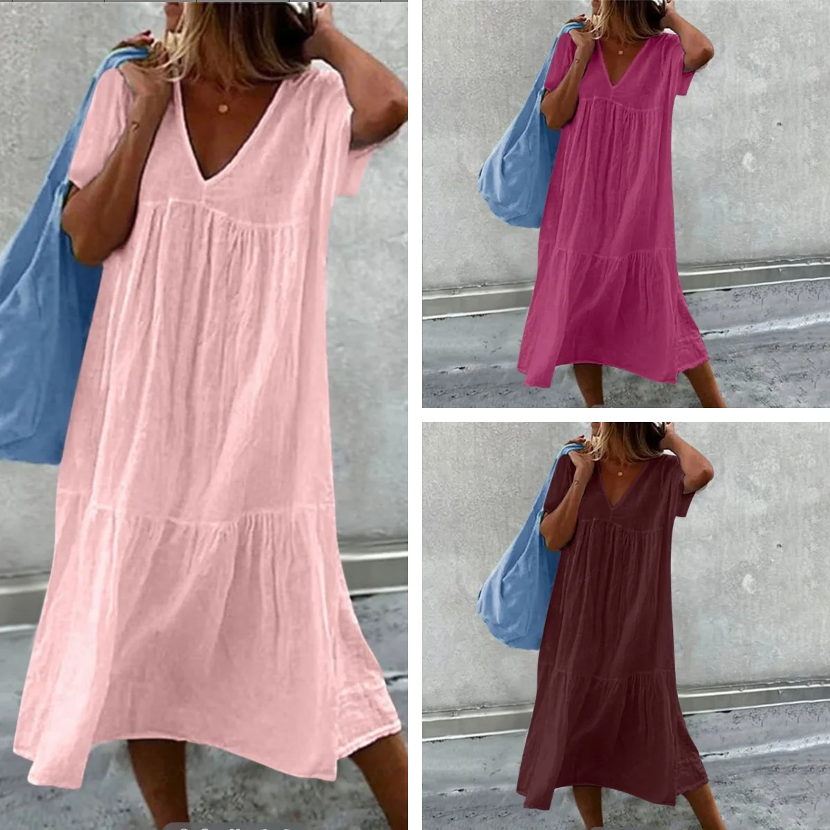 Damska lniana sukienka midi z krótkim rękawem, okrągły dekolt, letnia sukienka codzienna, oddychająca, luźny krój, sukienka w stylu boho.