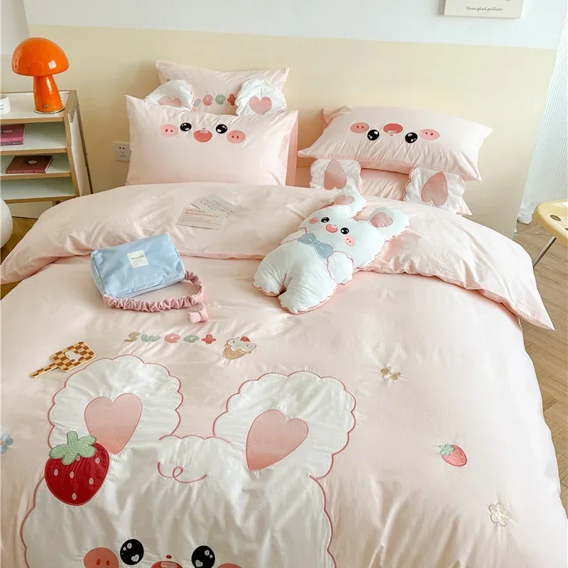 Pink Cute Strawberry Rabbit Applique Girl Bedding Set 40S Washed Cotton Soft Cozy Single Duvet Cover Set Bed Sheet Pillowcases