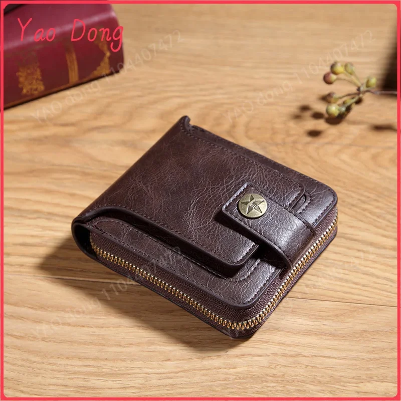 Yao Dong Vintage Short Wallet For Men Leather Coin Pocket Purse Man Multi function Tri Fold Card Holder Small Male Money Clip