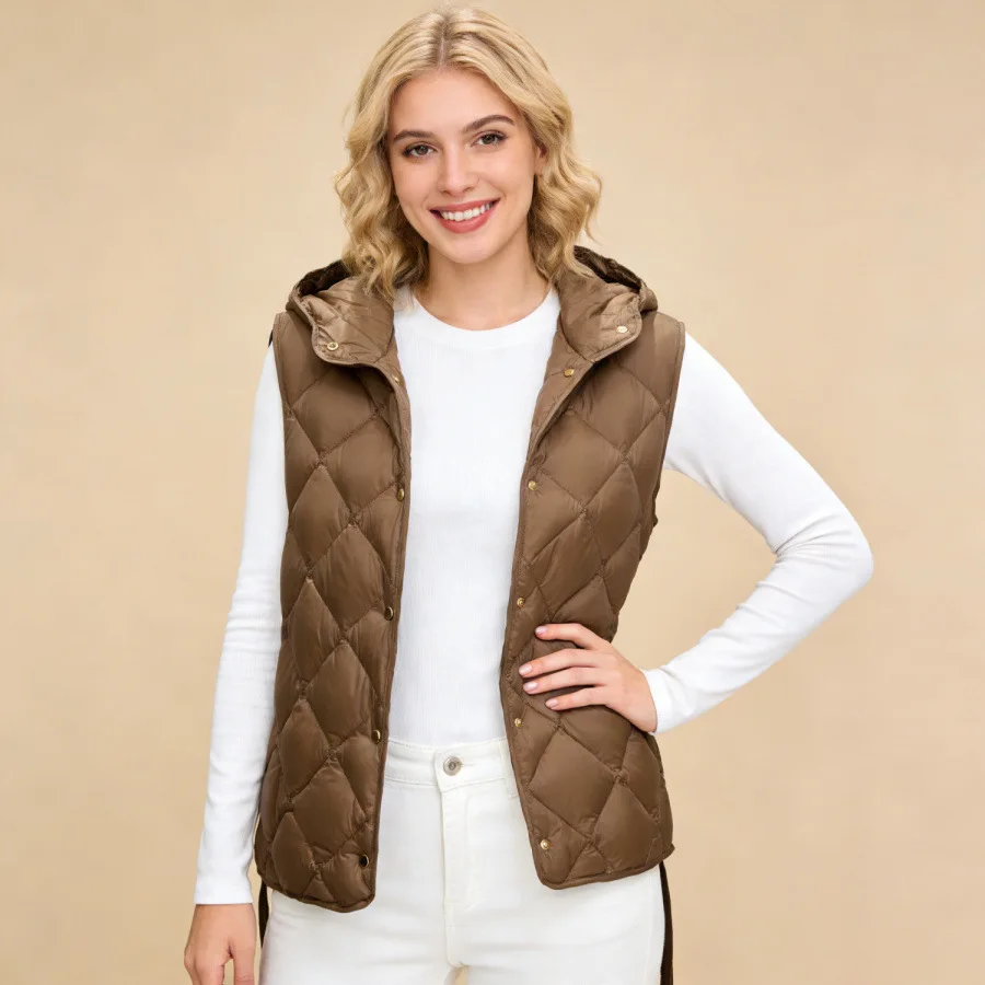 

Lightweight Short 90 Down Vest Jacket Diamond Grid Single Breasted White Duck Down Coat Vest Winter Coat Sleeveless Coat