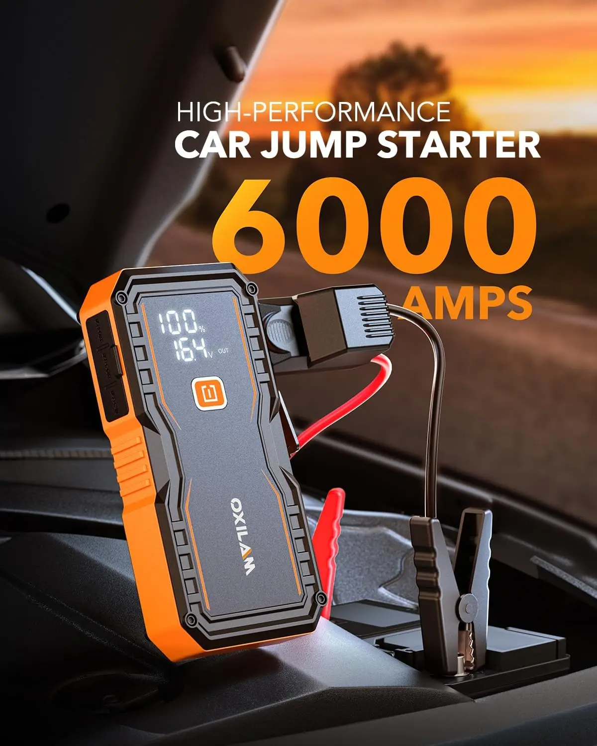6000A Jump Starter for All Gas/12L Diesel, 12V Portable Car Battery Jumper with LED Display, USB & Type-C view 2