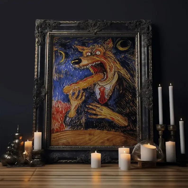 Business Werewolf Eating a Hot Dog, Framed Canvas print, Funny Halloween Art, Spooky Season, The Scream Inspired Funny Art