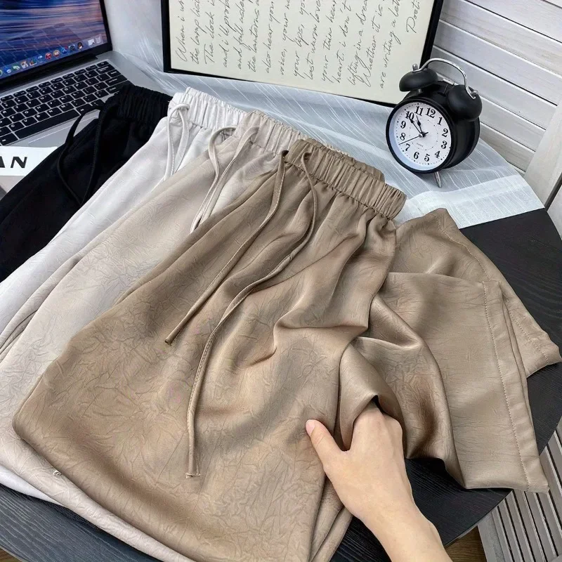 

Spring Summer Ice Silk Satin Women's Pants Commuting High Waist Loose Straight Drape Casual Wide Leg Folds Full Length Pants