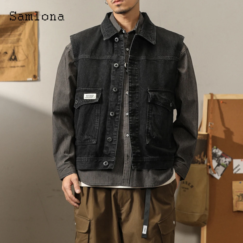 2025 Autumn Fashion Sleeveless Notched Denim Vest Jackets Plus Size Mens Basic Denim Top Vintage Stand Pocket Jean Outerwear New