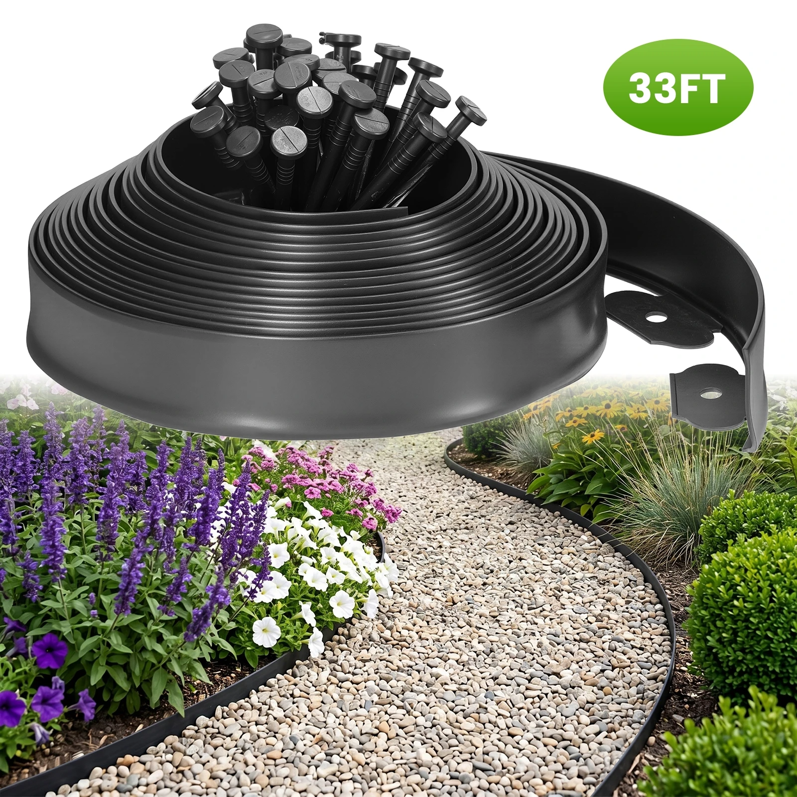 Garden Edging Border 33FT with 30pcs Spikes, Plastic Edging Border for Landscaping, Lawn, Garden, Flower Beds, Paver, Pathway