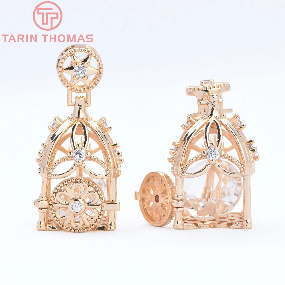 (8952) 4PCS 14x28MM 24K Gold Color Brass with Zircon Hollow out Birdcage Shaped Pendant High Quality Diy Jewelry Making Finding