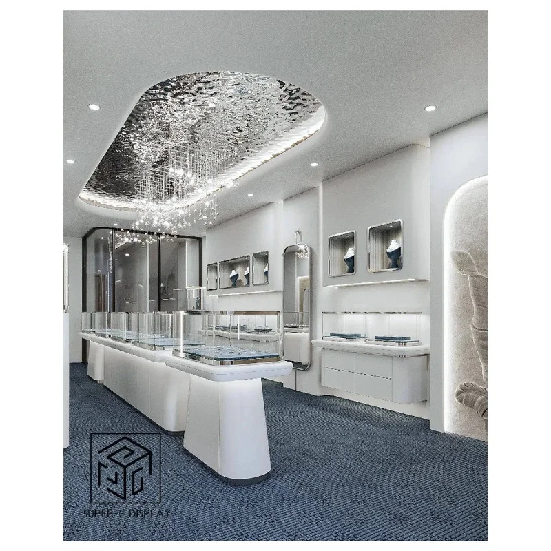 custom.Luxury 3D Rendering Interior Design Jewelry Shop LED Lighting Display Showcase Wall Shelf Cabinet Storage