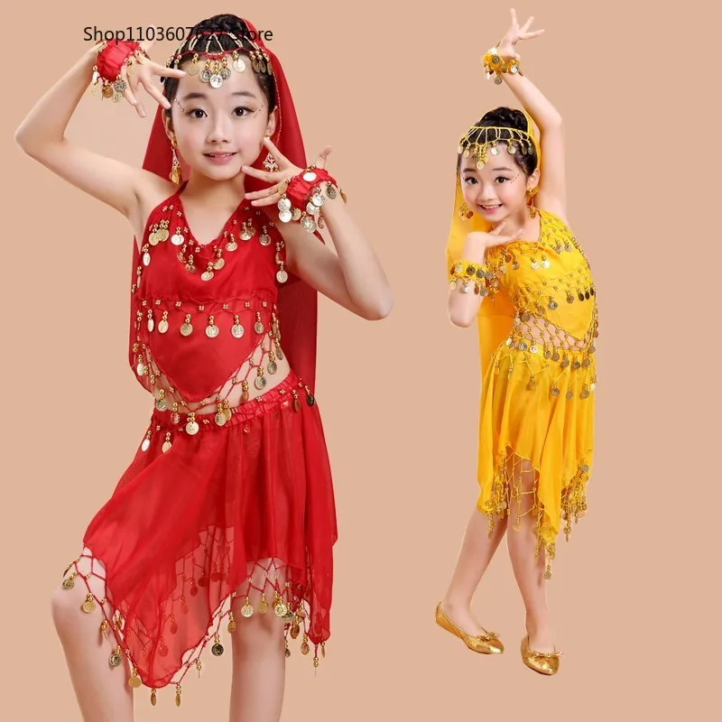 

Children's Indian dance costumes, children's Xinjiang dance, girls' belly dance costumes, coin skirts, ethnic dance costumes