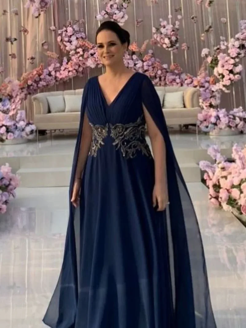 Navy Blue Chiffon Mother of the Bride Dresses V Neck Sash Women Wear Long Sleeves Evening Party Gowns A Line Wedding Guest Dress