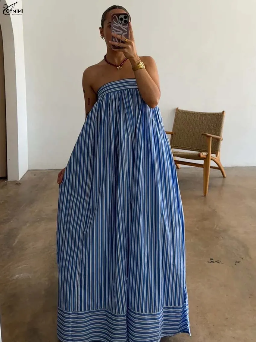 Oymimi Casual Blue Print Dresses For Woman Elegant Strapless Open Back Lace-Up Dress Fashion New Loose Floor-Length Dress Female