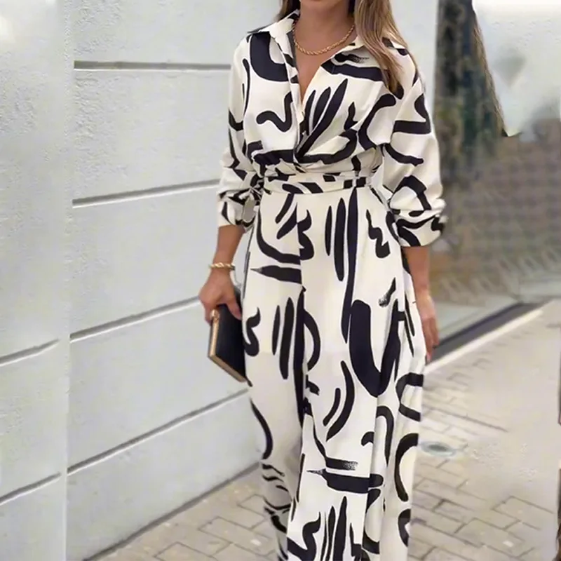 Autumn New Fashion Elegant Women\'s Jumpsuit Casual Temperament Commuting Print Party Long Sleeve Lapel Loose High Waist Jumpsuit