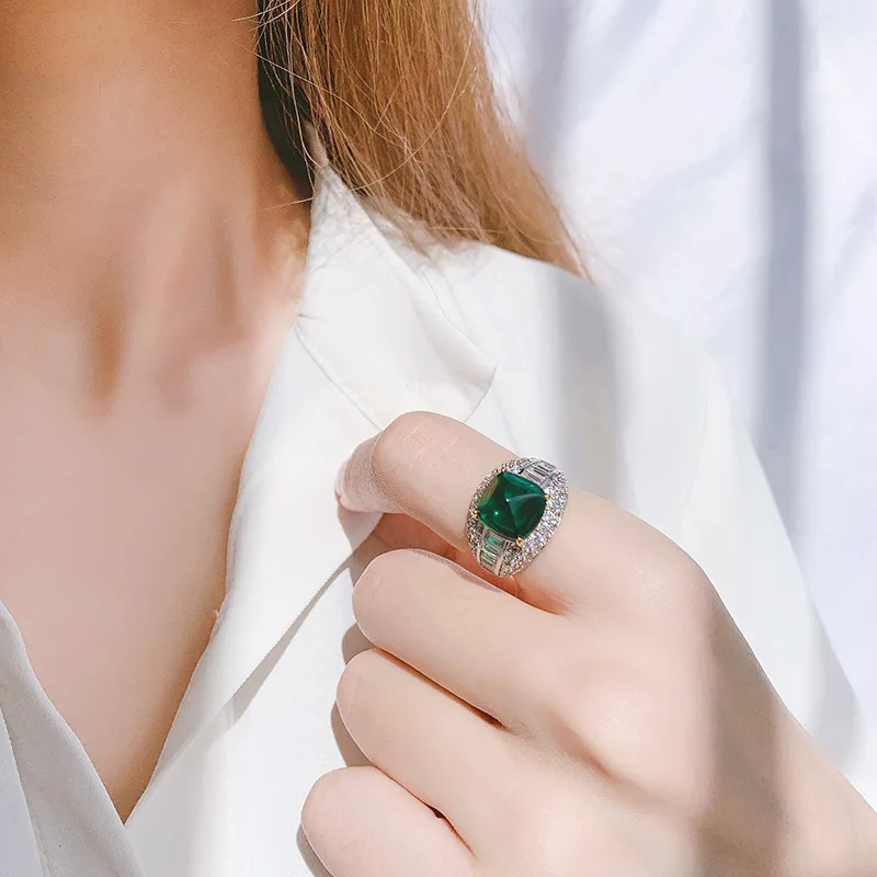 S925 Silver Imitation Colorful Treasure Emerald Blue Treasure Sugar Tower Full Set Ring Main Stone 10 * 10