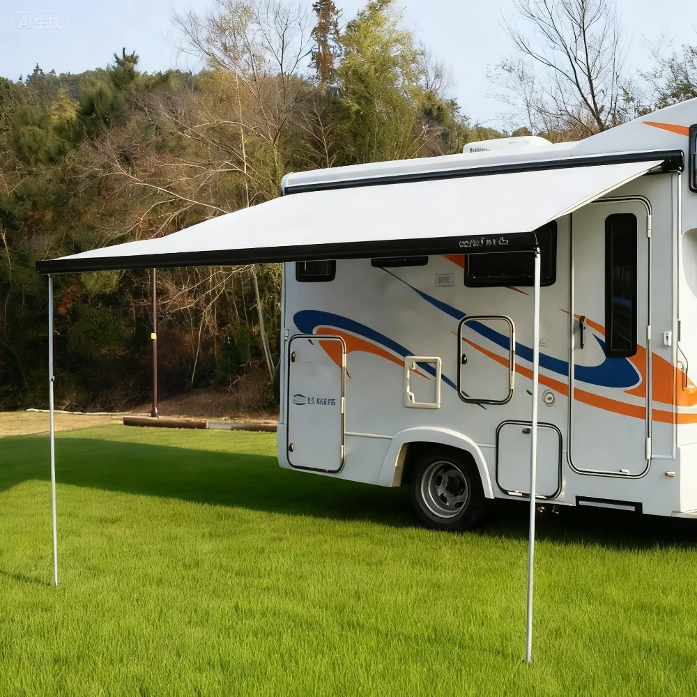 S27 Full Cassette RV Awning with Support Legs – Manual Retractable Awning for Caravan, UV Protection, Waterproof