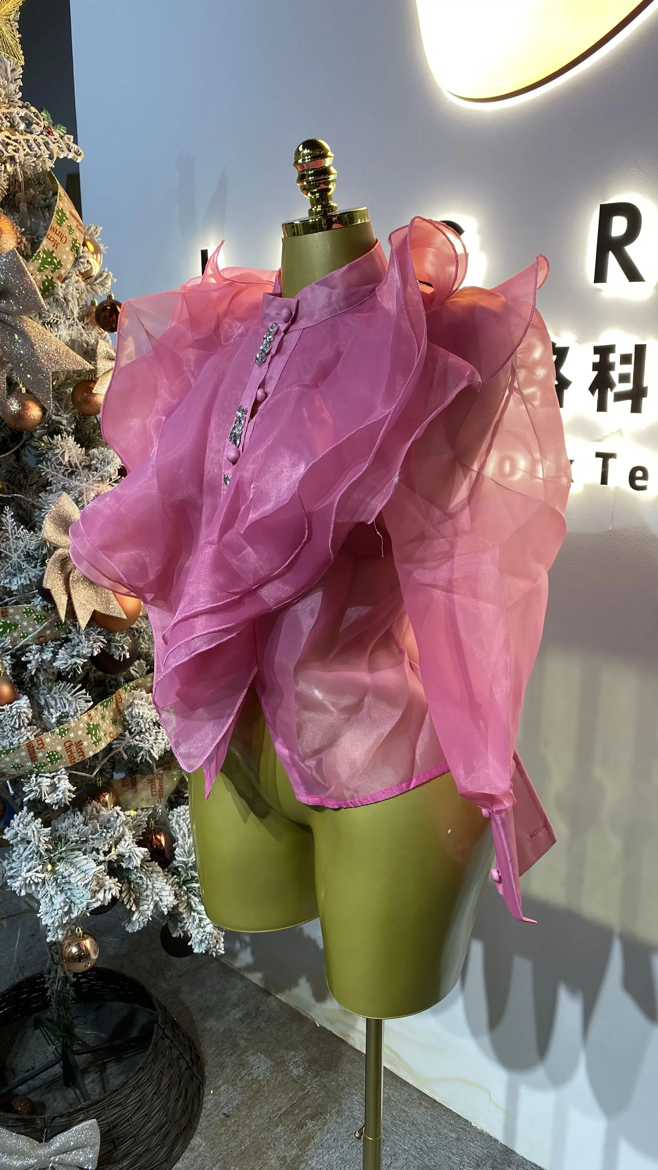 2025 가을 신상 패션 스탠드 칼라 레이어드 러플 싱글 브레스티드 여성 셔츠-GZXX443