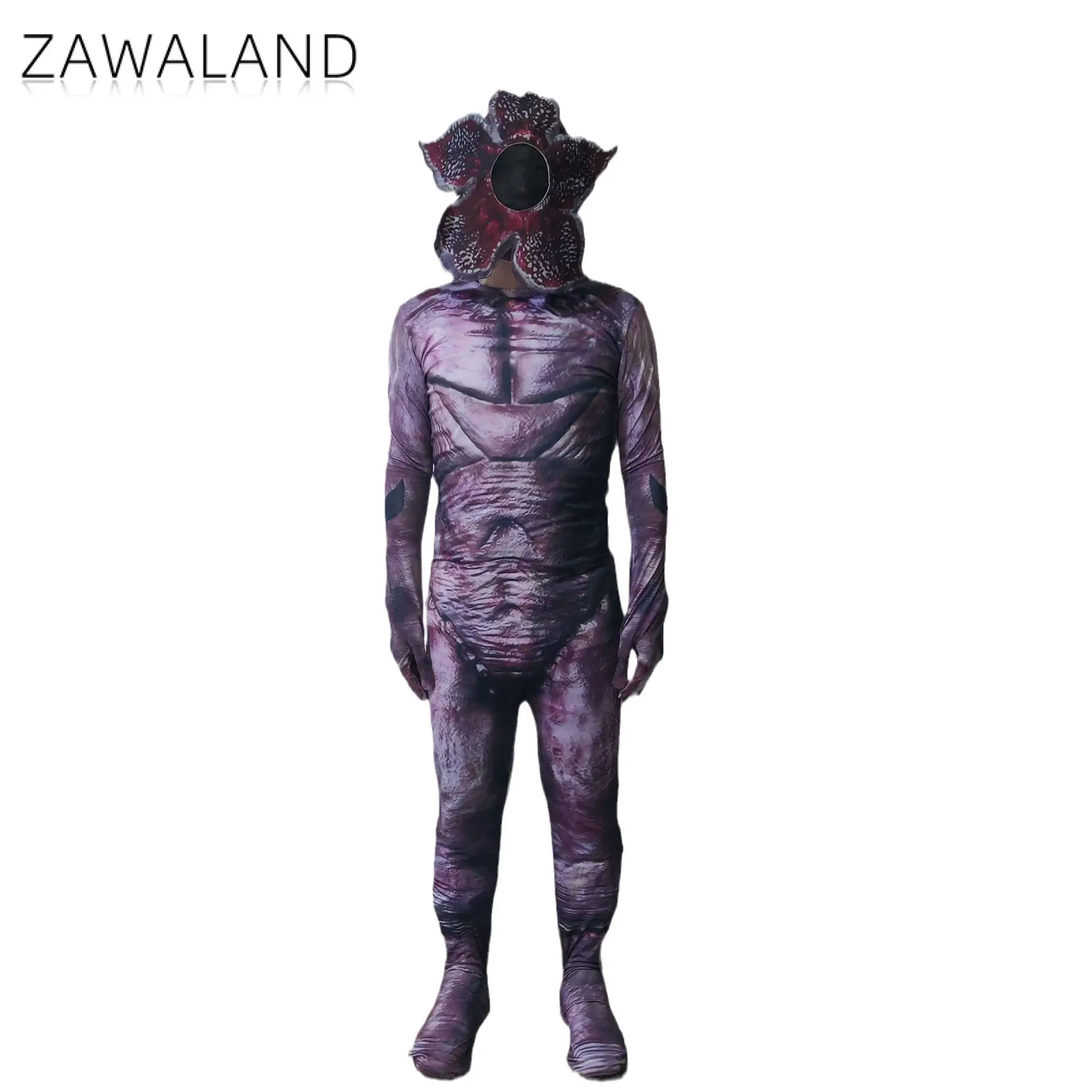 Zawaland Halloween Demogorgon Cosplay Costume Horror Monster Jumpsuit with Flower-Mouth Headpiece Scary Party Dress Up Show Set