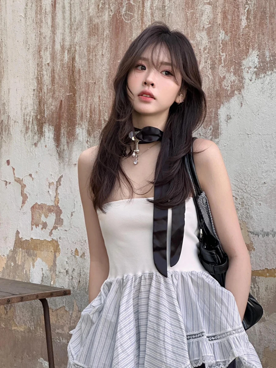 ReddaChic Bandeau Stijl Strepen Onregelmatige Vrouwen Top Zomer Mouwloos Vest Flowy Ruche Zoom Corset Rave Festival Zomer Kleding