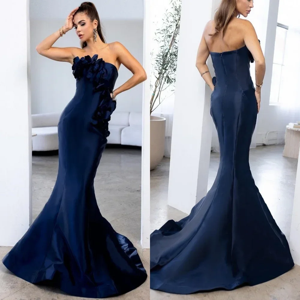 

Customized Prom Dress Exquisite Strapless Mermaid Floor Length Evening Dresses Flower Hugging Satin
