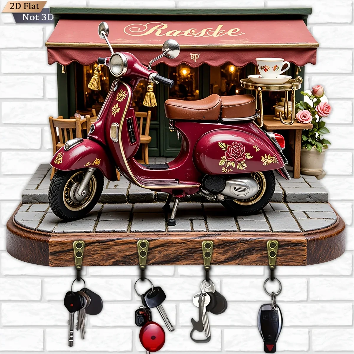 2D Flat, 1pc, Retro Rose Motorcycle Style Key Hook Wooden Multifunctional Home Key Rack with Four Metal Hooks, Wall Decoration,
