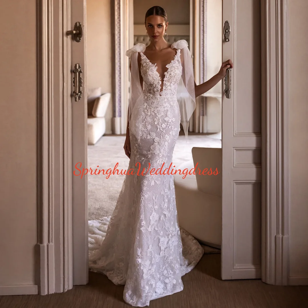 

Элегантное свадебное платье русалки с открытой спиной и V-образным вырезом по индивидуальному заказу, роскошное свадебное платье с аппликацией из бисера и шлейфом
