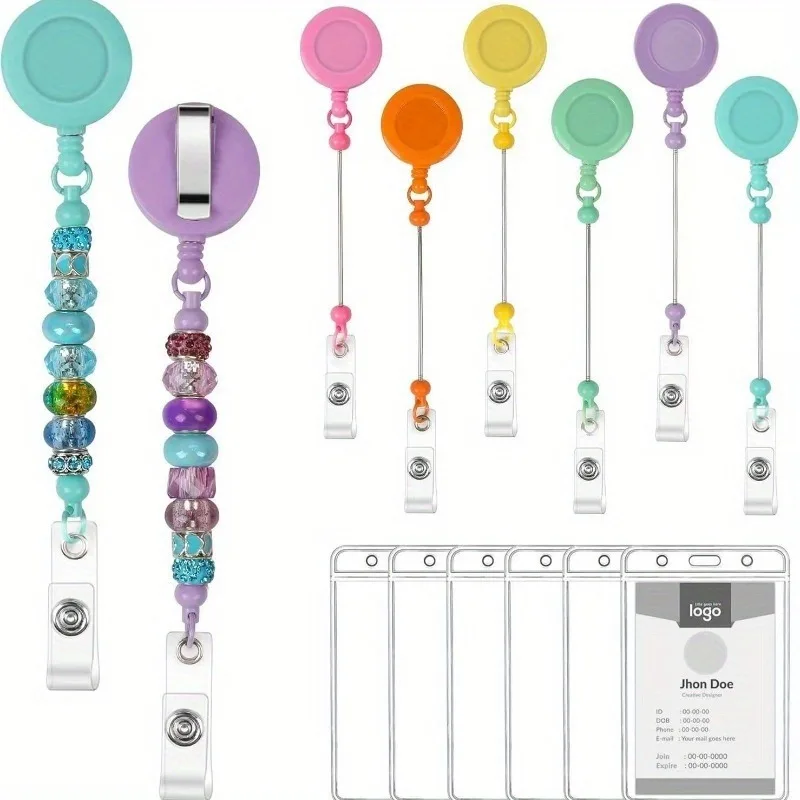 DIY Beaded Retractable Badge Reel Clip Kit Colorful ID Badge Holder with Resealable Pouches Thank You Cards, Craft Making Gift