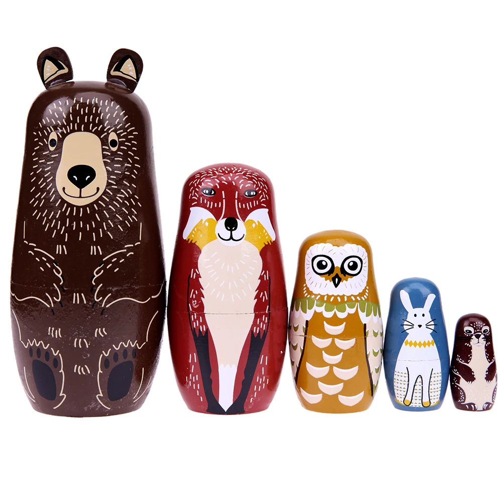 5 Floors Wooden Matryoshka Doll Ornament Handmade Bear Ears Matryoshka Dolls Crafts Toys Painted for Kindergarten Teaching Aids