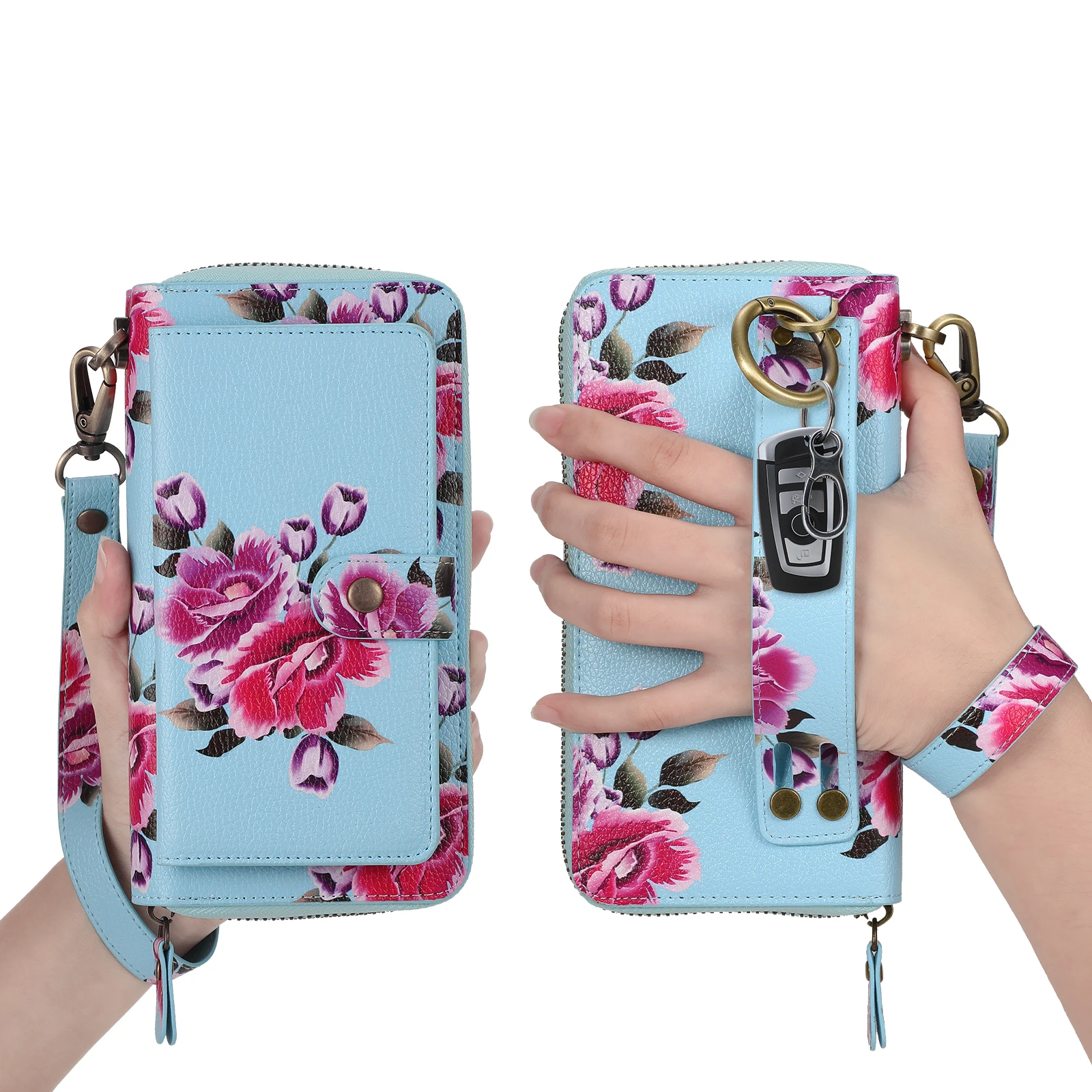 Wristband Zipper Wallet Cards Solt Flower Phone Bag For Samsung Galaxy S23 Ultra S22 Plus Note 20 Hand Strap Detachable Cover