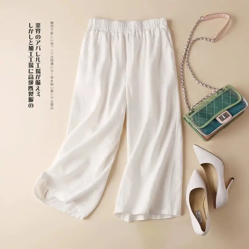 Mode retro katoen en linnen wijde pijpen losse casual effen kleur cropped broek