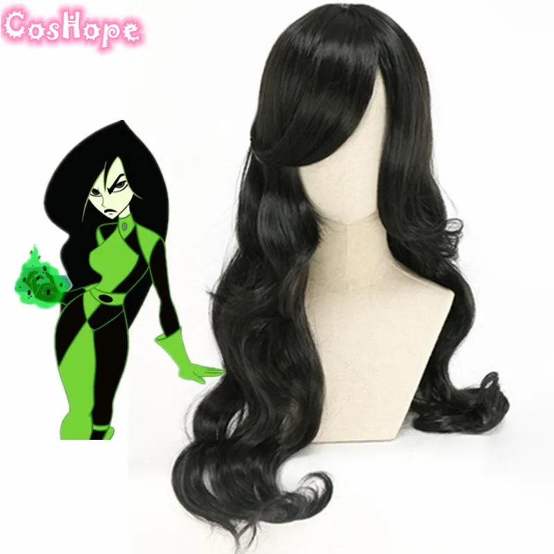 Shego-Onda Longa Curly Peruca Cosplay, Perucas Sintéticas, Preto, Resistente ao Calor, Anime, Halloween, 80cm