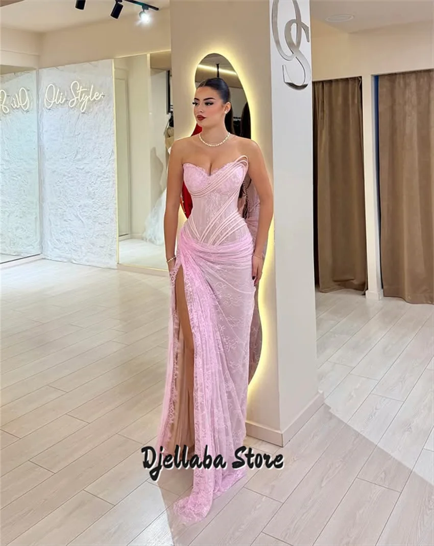 Pretty Pink Customized Off The Shoulder Sweetheart Wedding Party Dress With Split Side Lace Prom Dresses vestidos de