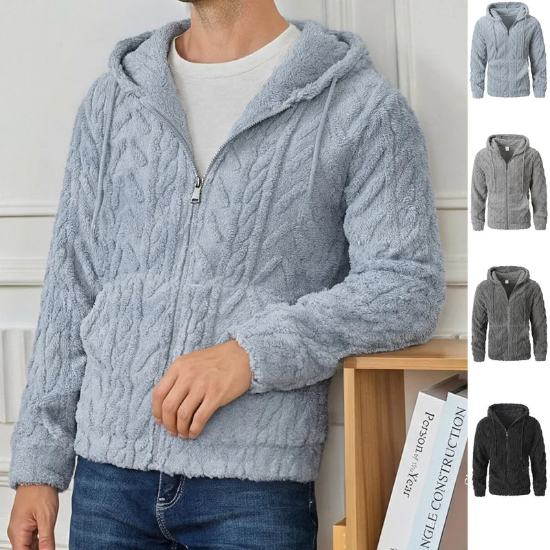 B&C Fleece Hoodie Full Zip with Cable Knit Texture and Pockets Warm Jacket for Men Winter Outdoor Daily