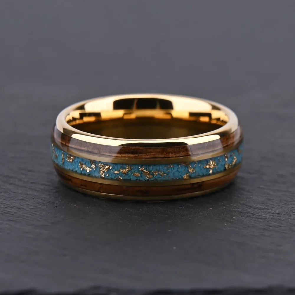 Somen 8mm Tungsten Carbide Ring For Men Koa Wood Crushed Turquoise Foil Inlay Wedding Band Engagement Anniversary Gift Anel view 3