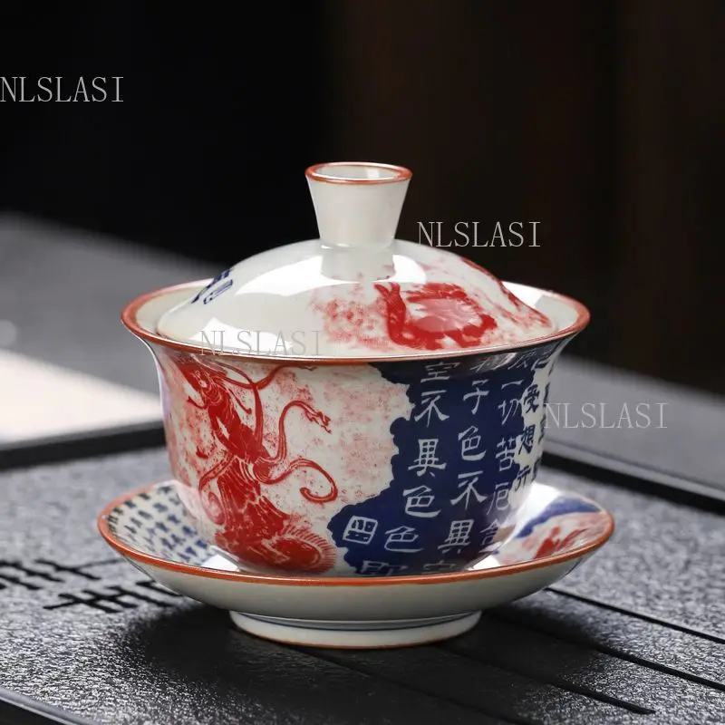 Chinese Vintage Ceramic Gaiwan with Red Dragon and Calligraphy Design Kung Fu Underglaze Color Tea Tureen with Lid and Saucer