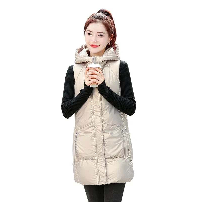 Fashion Long Pink Vest Women\'s Mid-Length 2023 Autumn Winter New Loose Down Cotton Waistcoat Hooded Outwear Vest Jacket Ladies