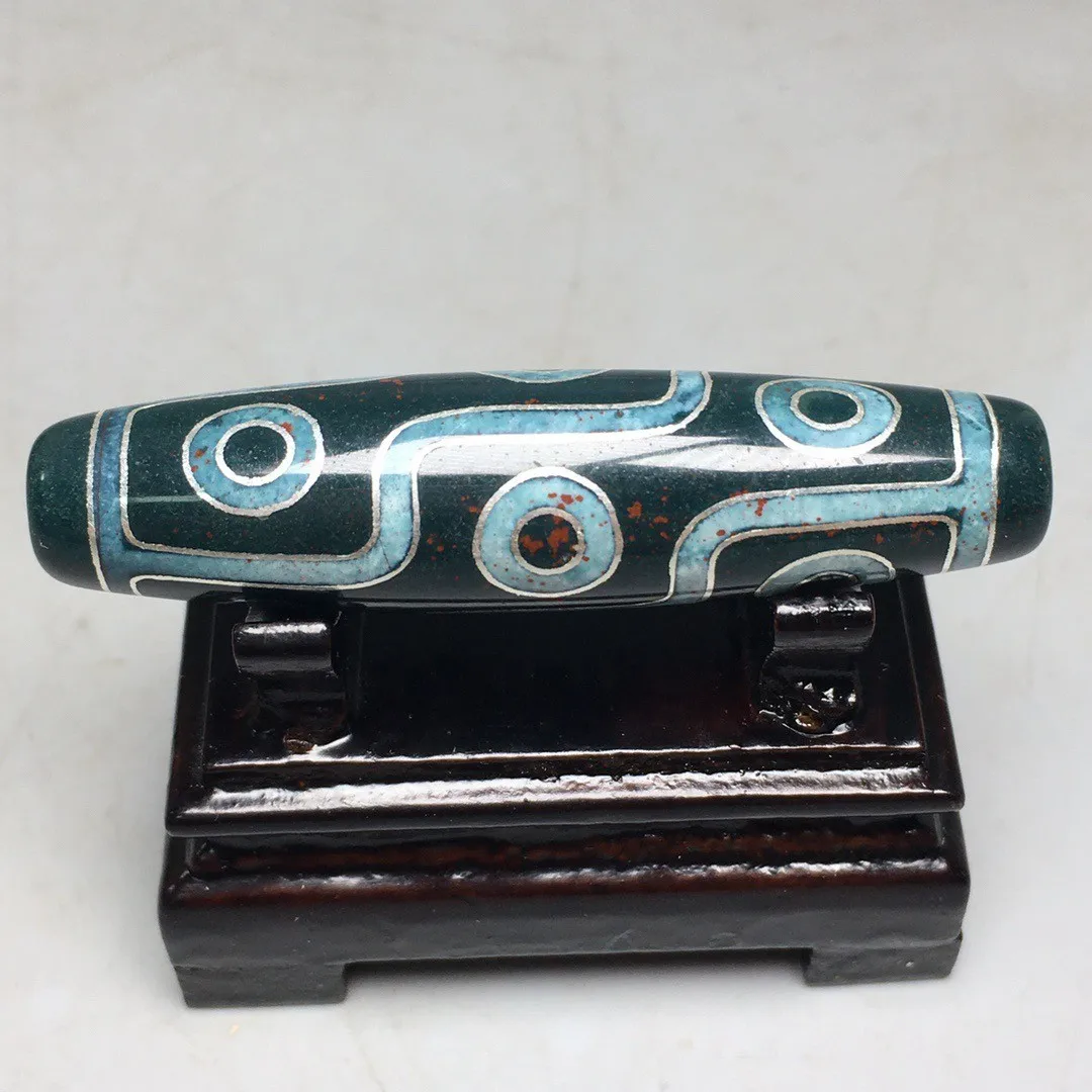 Tibetan Cinnabar Old Agate DZi Inlaid Silver Wire 9 Eyes Bead Amulet 58mm S0414
