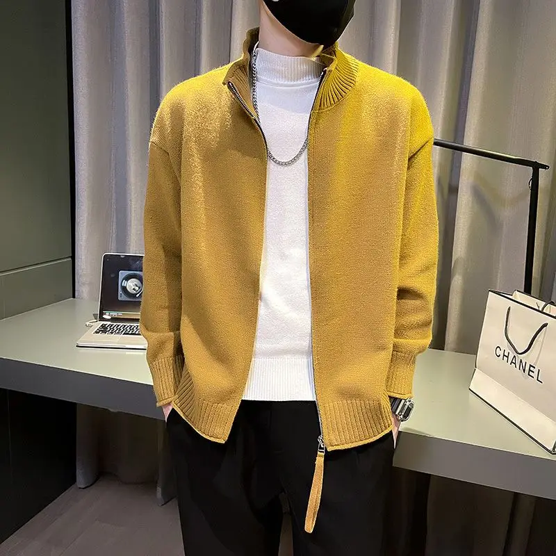 

Basic Stand Collar Knitted Cardigan Men's Clothing Casual Solid Color Autumn Winter Long Sleeve Vintage Fashion Zipper Sweaters