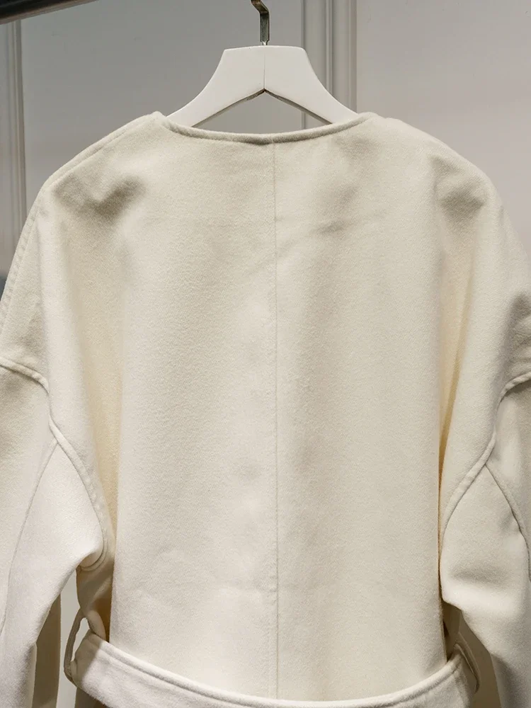 Elegante Wolljacke mit Gürtel und Schnürung für Damen, Herbstmode, Langarm, Kurze Jacke, 2025 Neue Damen-Streetwear-Oberbekleidung – Detail 9
