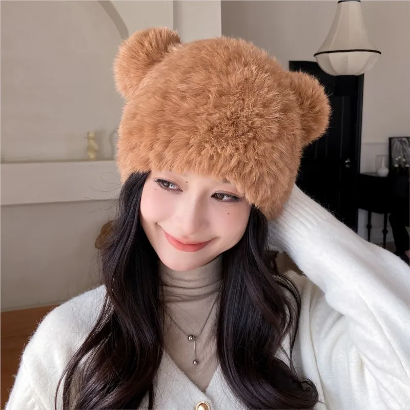 A fur hat for women warm and ear-protecting in autumn winter cute ears woolen headband plush
