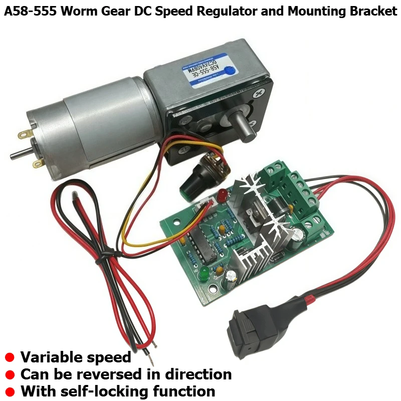 A58-555 Turbine Worm Micro Permanent Magnet DC Speed Reducer Motor 12V 24V High Torque with Speed Controller, Bracket