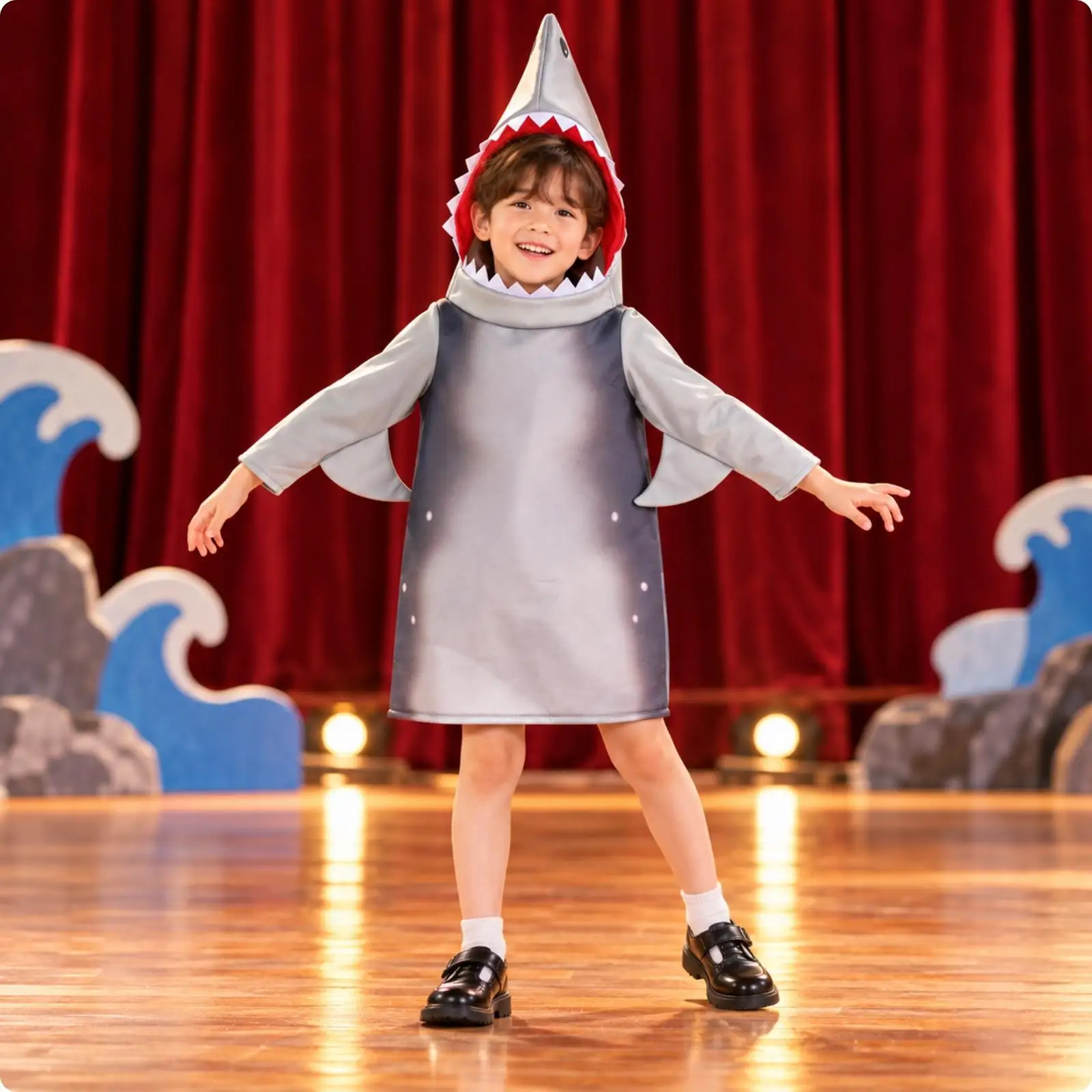 Children Cartoon Shark Costume Cape with Open Mouth Hood and Fangs for Party Performance and Creative Play Outfit