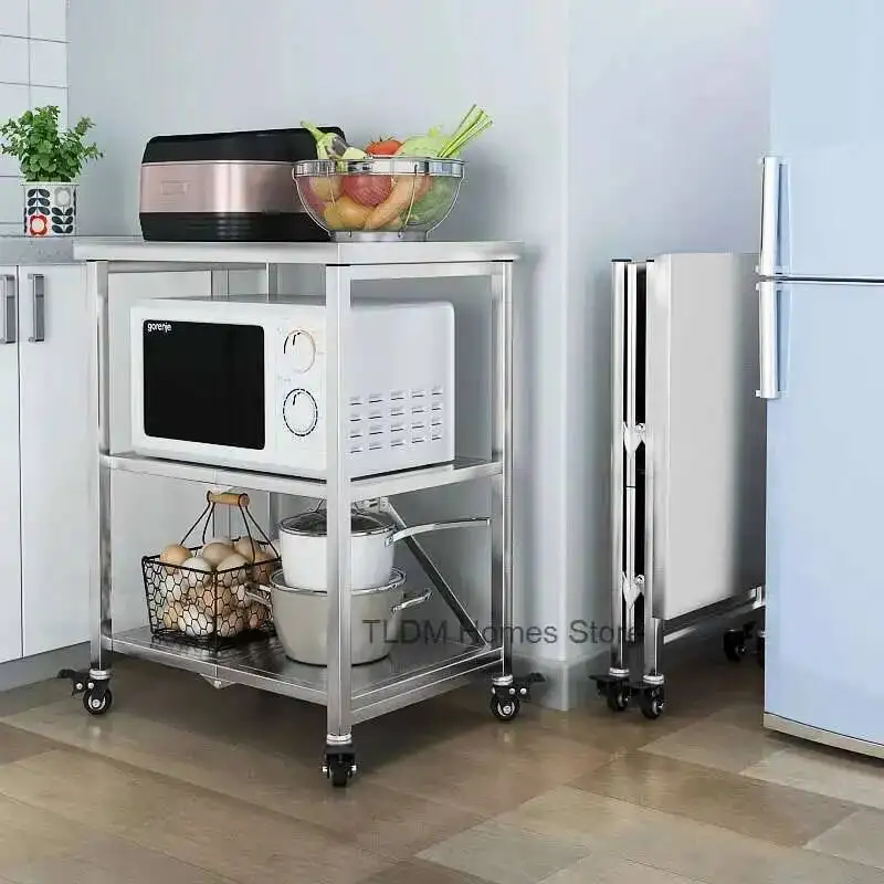 for Foldable Kitchen Mobile Cart Shelf Island Stainless Steel Trolley Kitchen Cart Shelf Floor-to-ceiling Home Organizer Cart