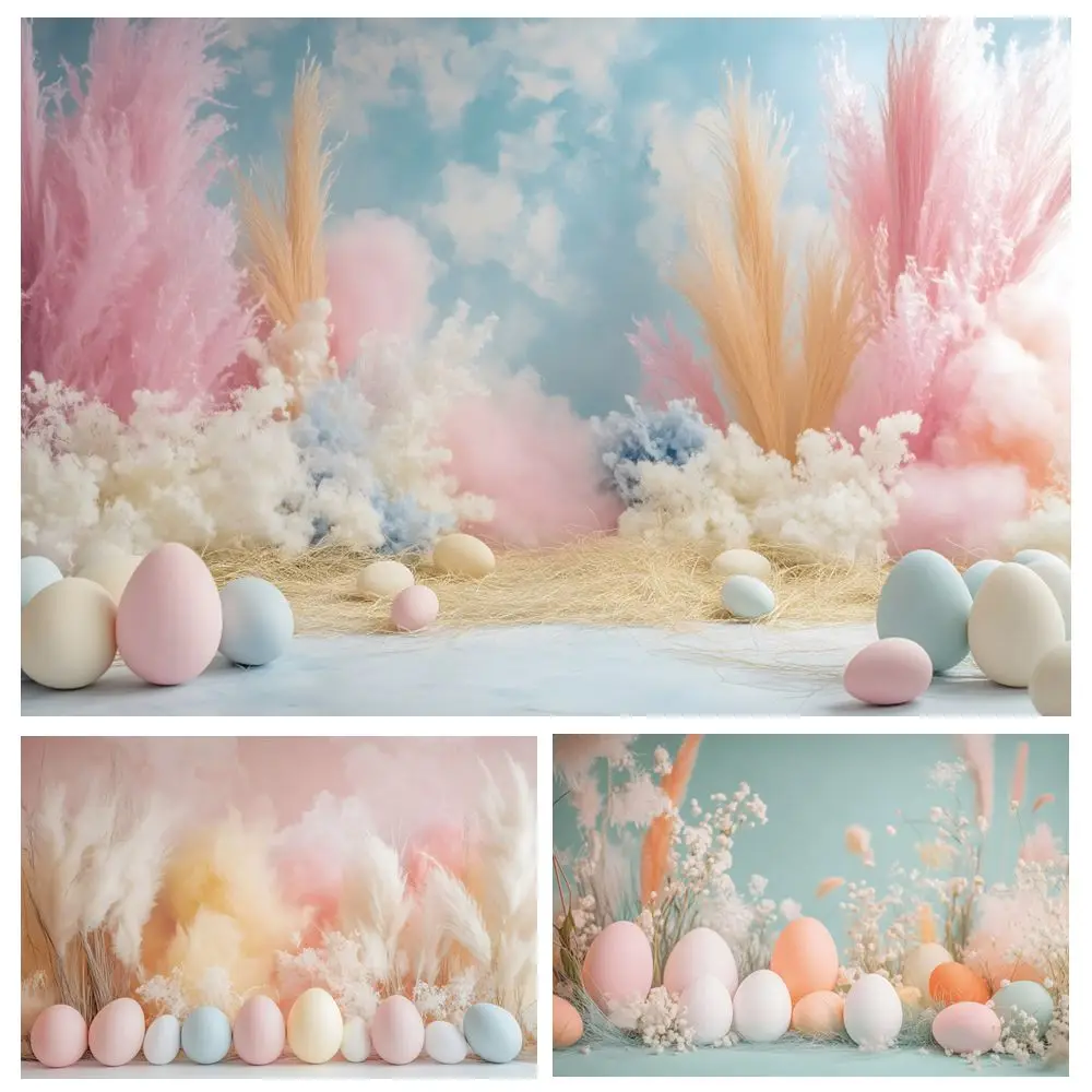 

Spring Easter Baby Shower Photography Background Boho Pampas Plants Colorful Eggs Kids Art Portrait Photostudio Backdrop Banner