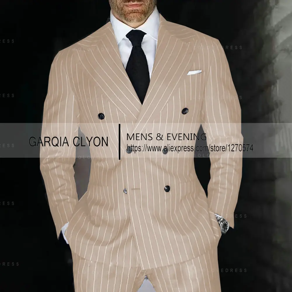 Grey Striped Mens Suits Double Breasted For Wedding Custom Made For Man Costume Groom 2-Pieces Tuxedos Best Man Blazer Pants