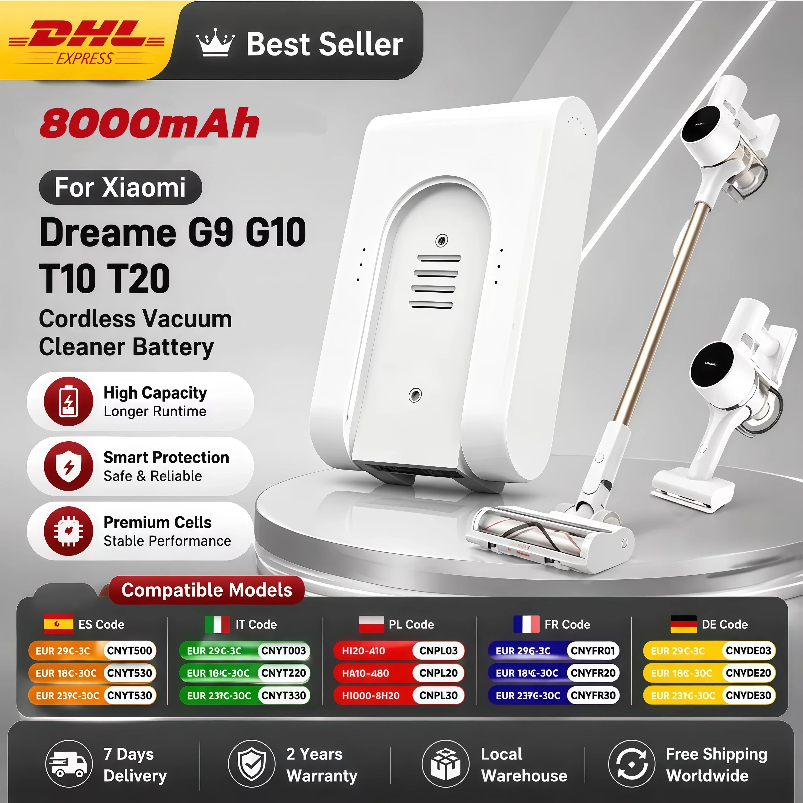 Batteria agli ioni di litio da 25,2 V e 8000 mAh per aspirapolvere senza fili Xiaomi, modelli G9, G10, G9 Plus, G10 Plus. Batteria di ricambio nuova e specifica, codice DGDXT-7S1P-001.