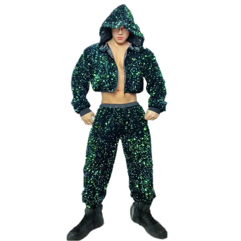 Adult Male Hip Hop Jazz Dance 2 Piece Sequins Performance Costume Hooded Jacket Pants Festival Party Rave Outfit Bar Stage Wear