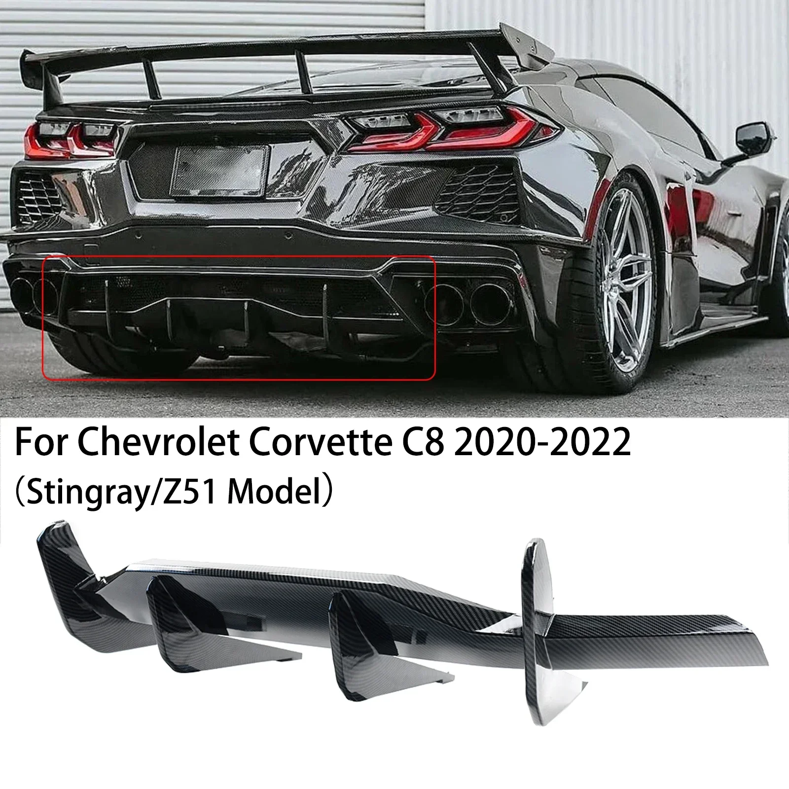 Rear Bumper Diffuser Shark Fin Style For 2020-2023 Chevrolet/Chevy Corvette C8 Z51 STG Rear Lip Splitter Spoiler Carbon Look