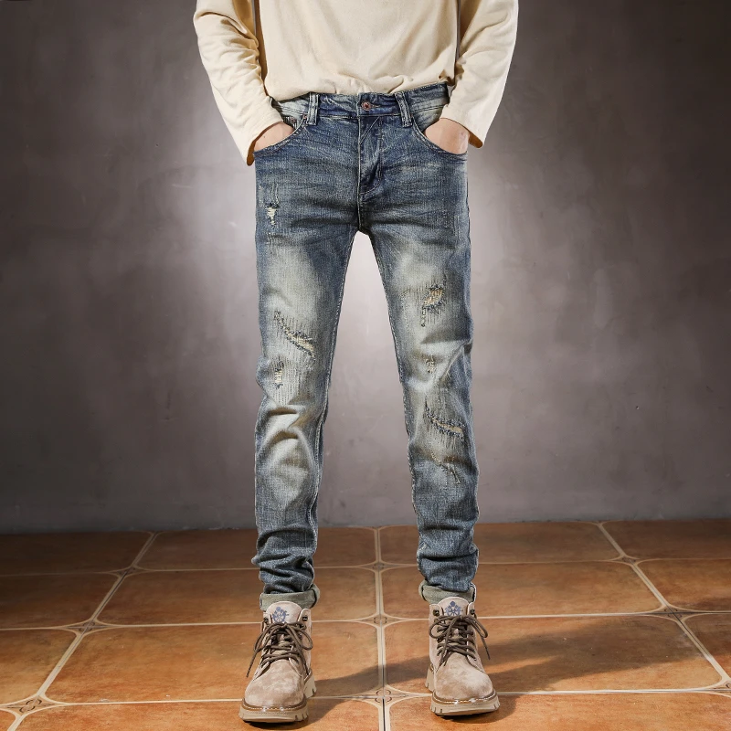

2025 Spring Autumn Trendy Ripped Hole Distressed Washed Denim Jeans for Men American Vintage Casual Slim Fit Stretch Pants