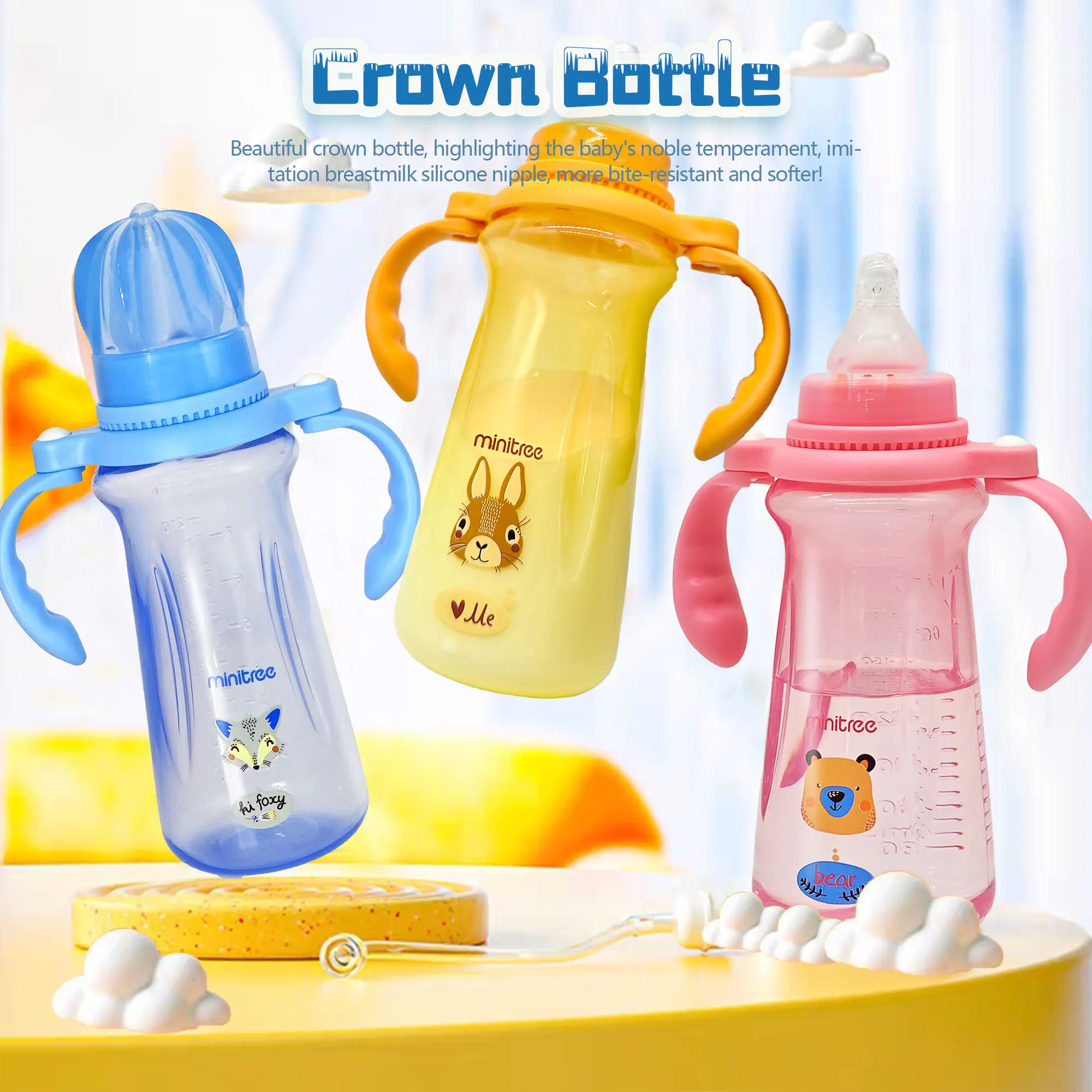 240mL Crown Bottle Cover Baby PP Bottle, Crown Design Movable Handle Bottle, Breastmilk Bottle for Baby 0-36 Months